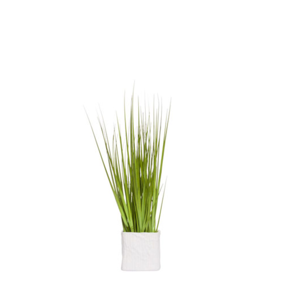 Artificial green grass plant in a white pot on a plain background