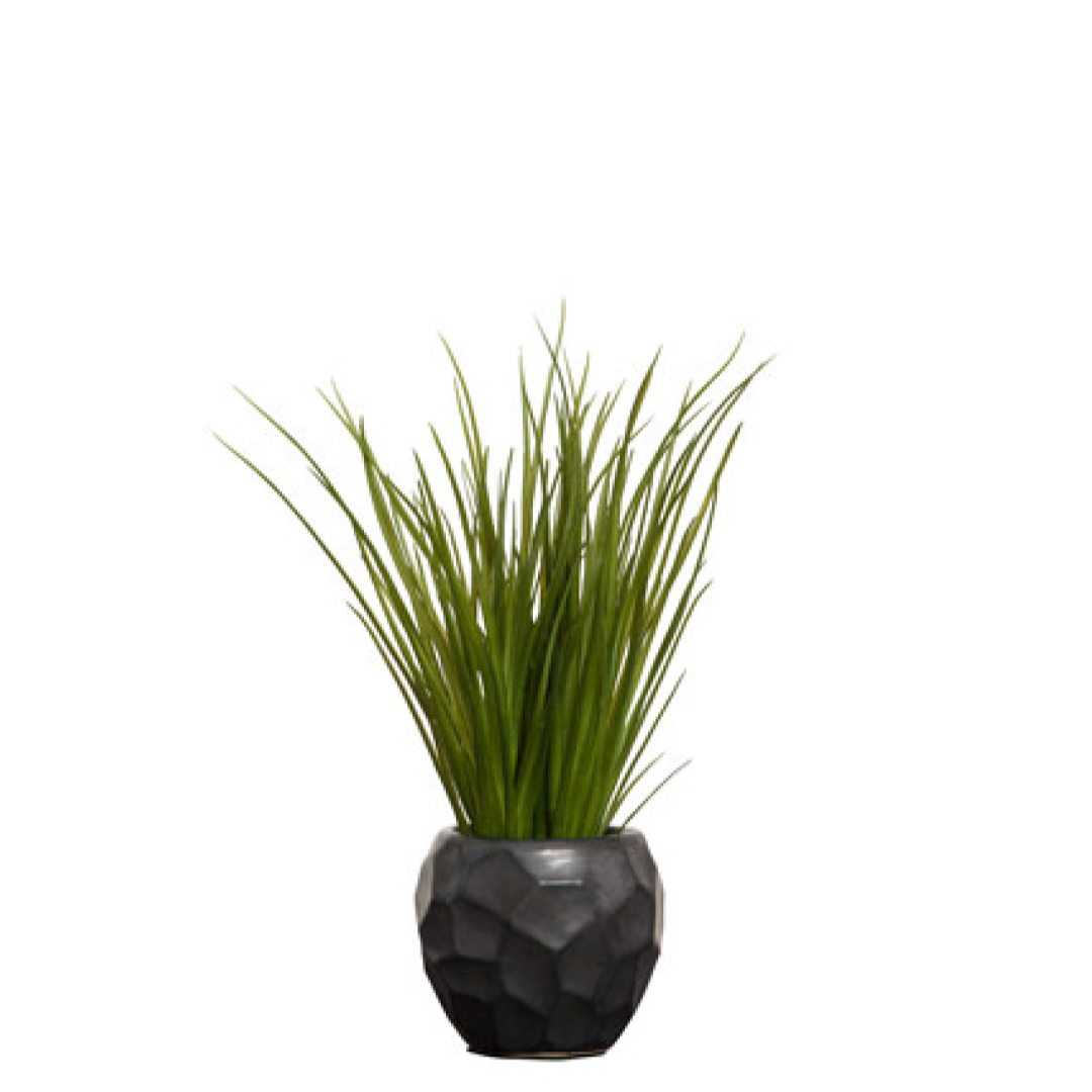 Artificial grass plant in textured black pot, modern home or office décor