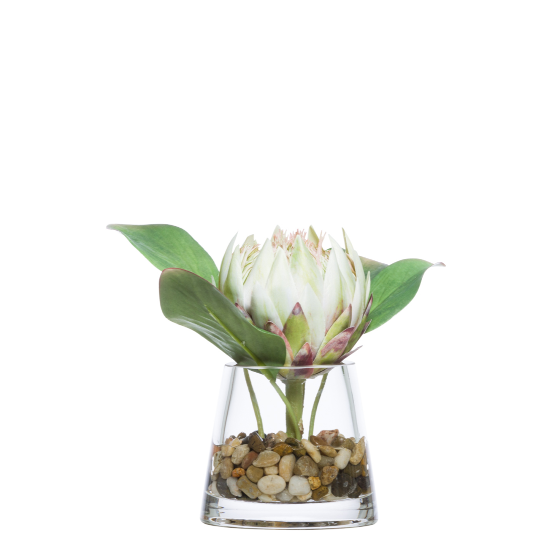 Realistic faux protea flower in glass vase with river rocks, botanical decor arrangement