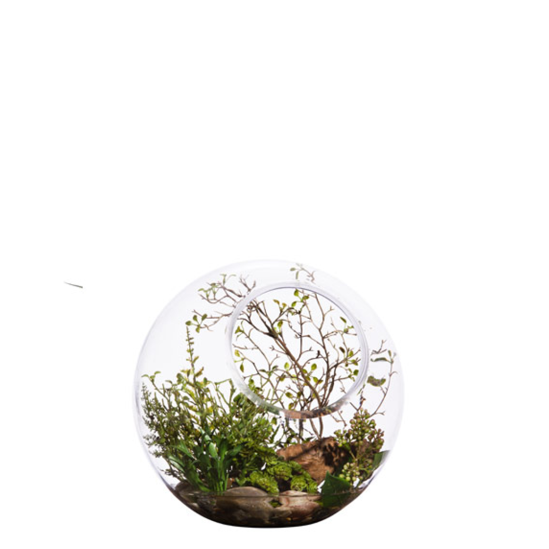 Artificial greenery and branches arranged in a clear round glass terrarium