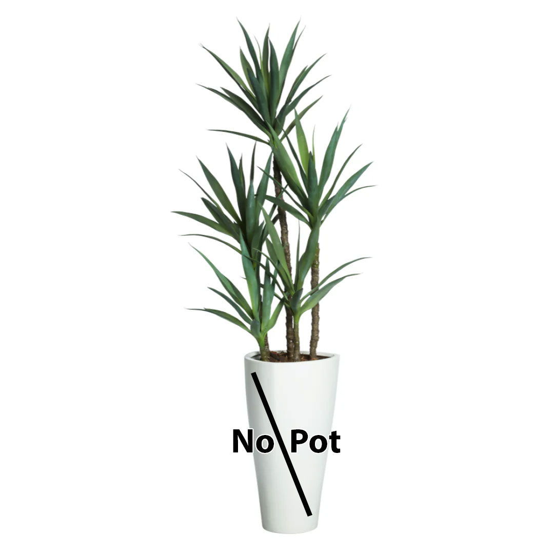 Artificial yucca plant with green leaves in a tall white pot, text overlay says No Pot