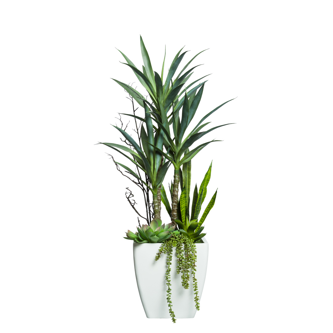 Artificial yucca and succulent arrangement in white ceramic planter