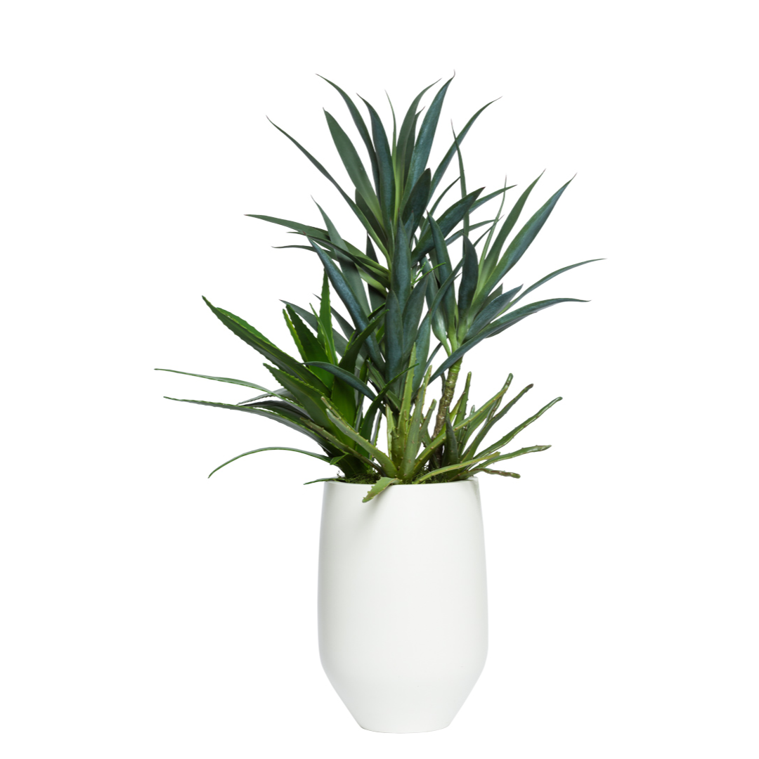 Artificial green plant with long leaves in a modern white vase, isolated on white background