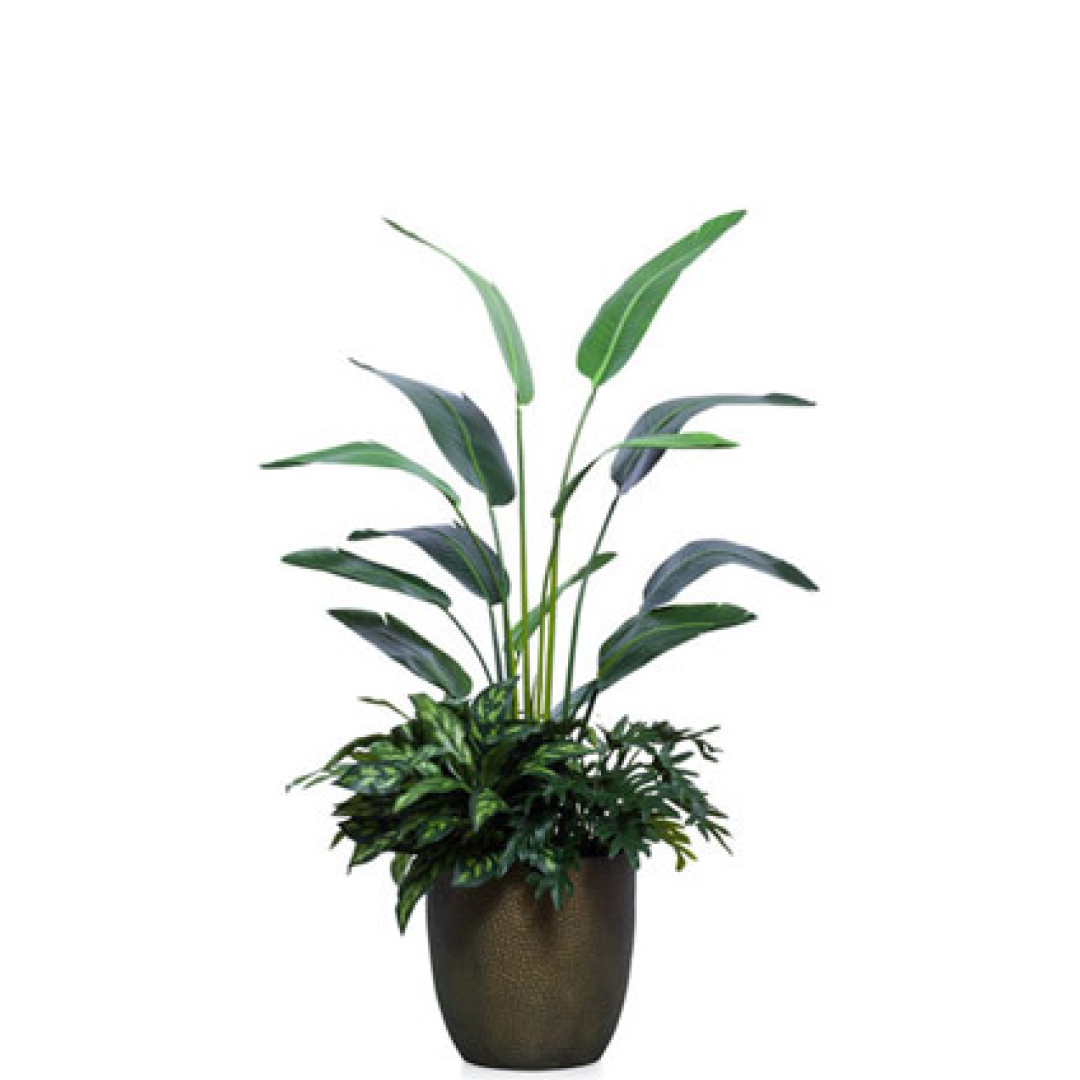 Artificial potted plant with long, green leaves in a decorative textured pot