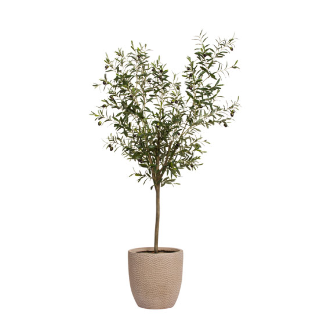 Artificial olive tree in textured beige pot with realistic green leaves and black olives
