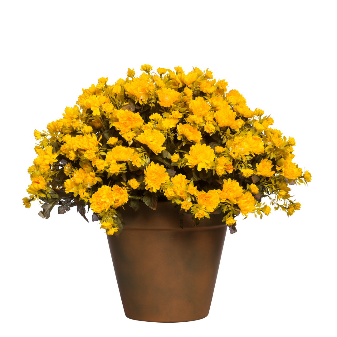 Yellow artificial mum flowers in a brown pot, lifelike silk floral arrangement