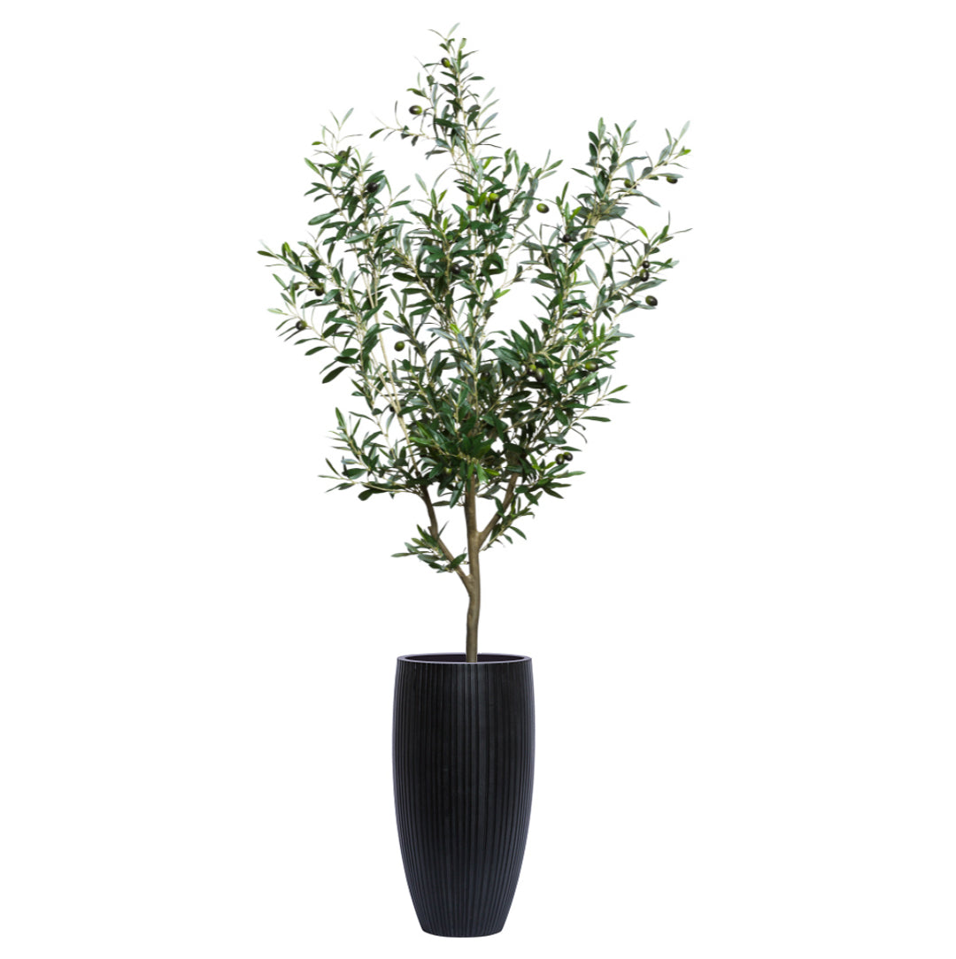 Artificial olive tree in a tall ribbed black planter, green leaves and realistic olives