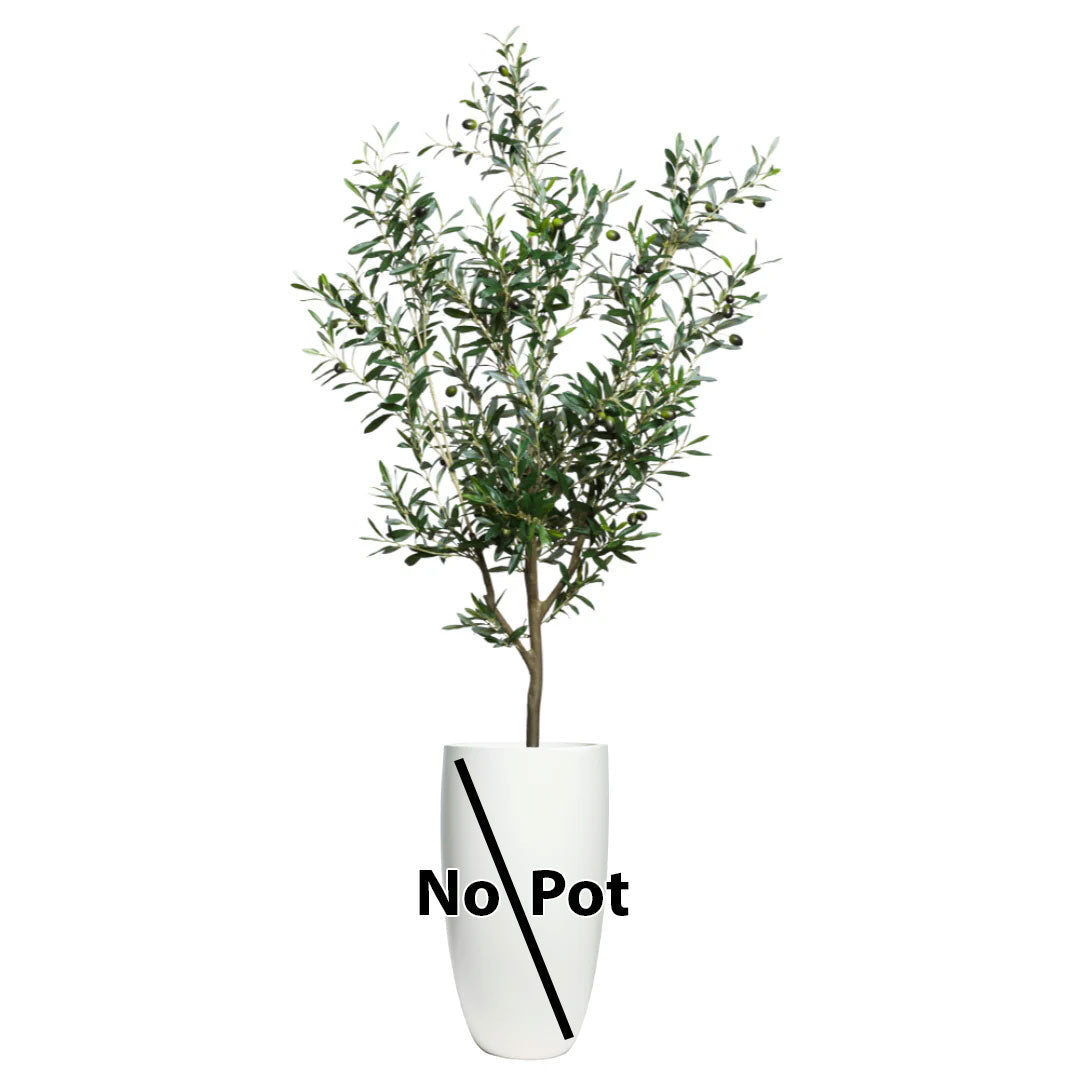 Tall artificial olive tree with smooth trunk and realistic green leaves, shown without pot.