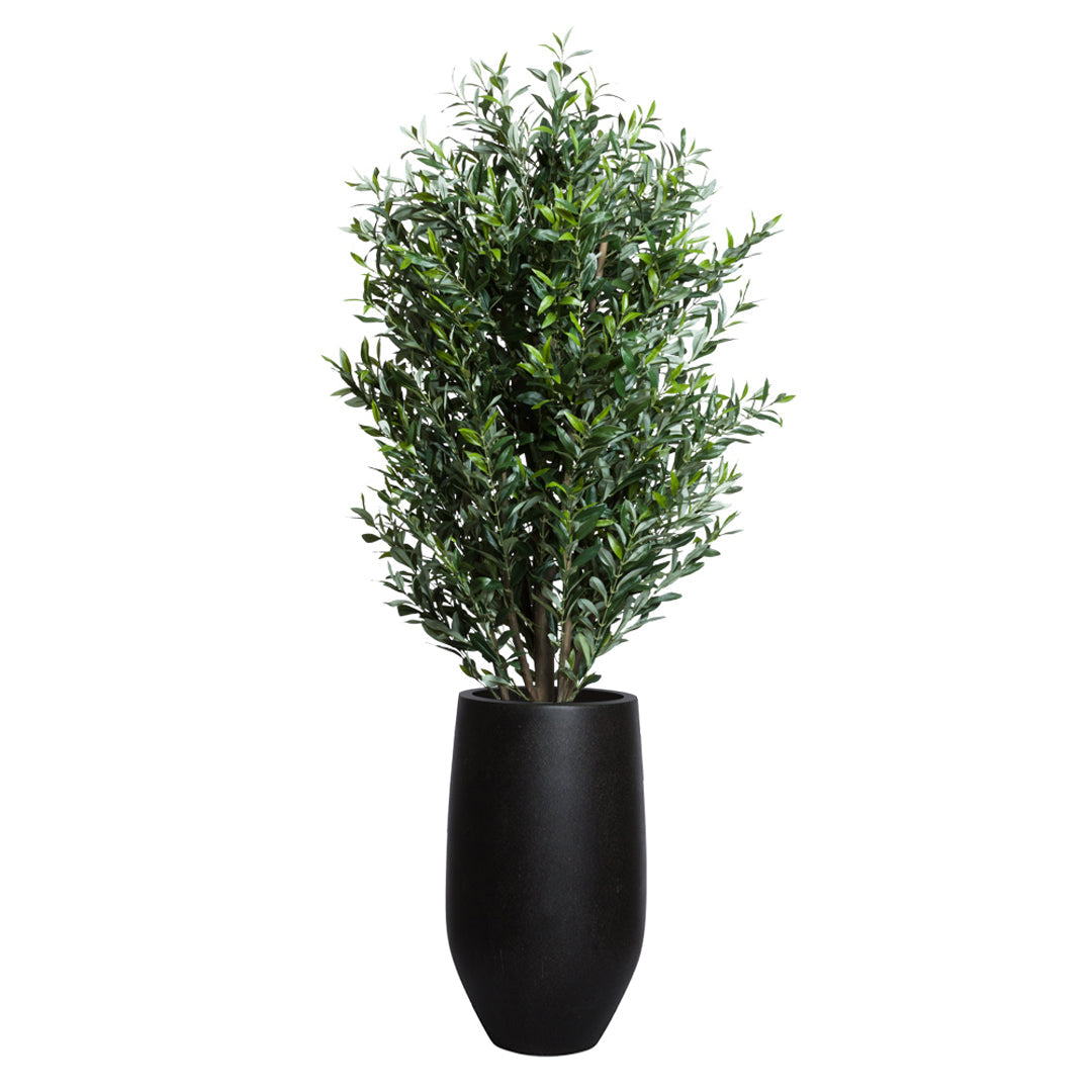 Artificial olive tree in a sleek black planter with realistic green foliage