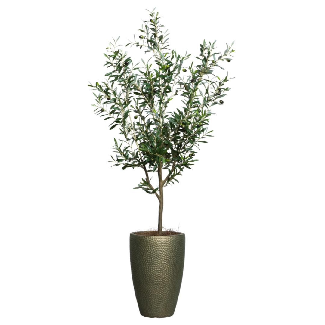 Artificial olive tree in textured tall planter with lifelike green leaves and olives