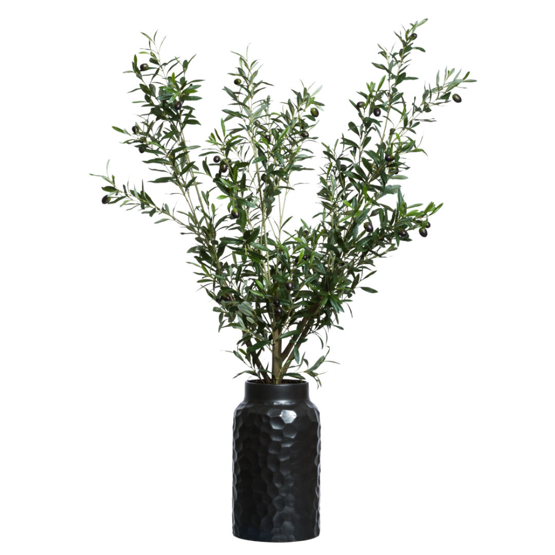 Artificial olive tree with dark green leaves and olives in a textured black vase