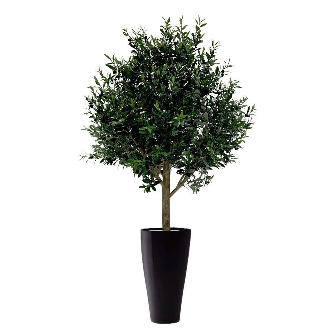 Artificial olive tree in tall black planter, realistic green foliage, indoor decorative plant