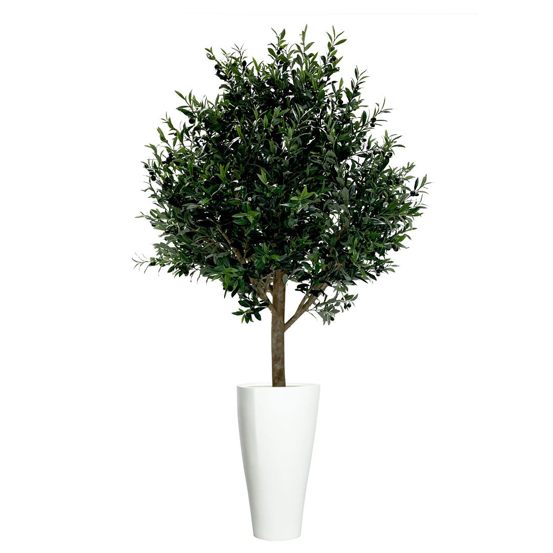 Artificial olive tree with realistic green foliage in a tall white planter, indoor decor