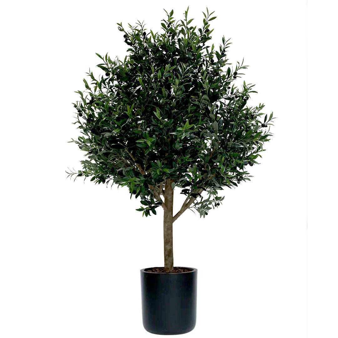 Artificial olive tree in a black cylindrical pot, lush green foliage, isolated on white background