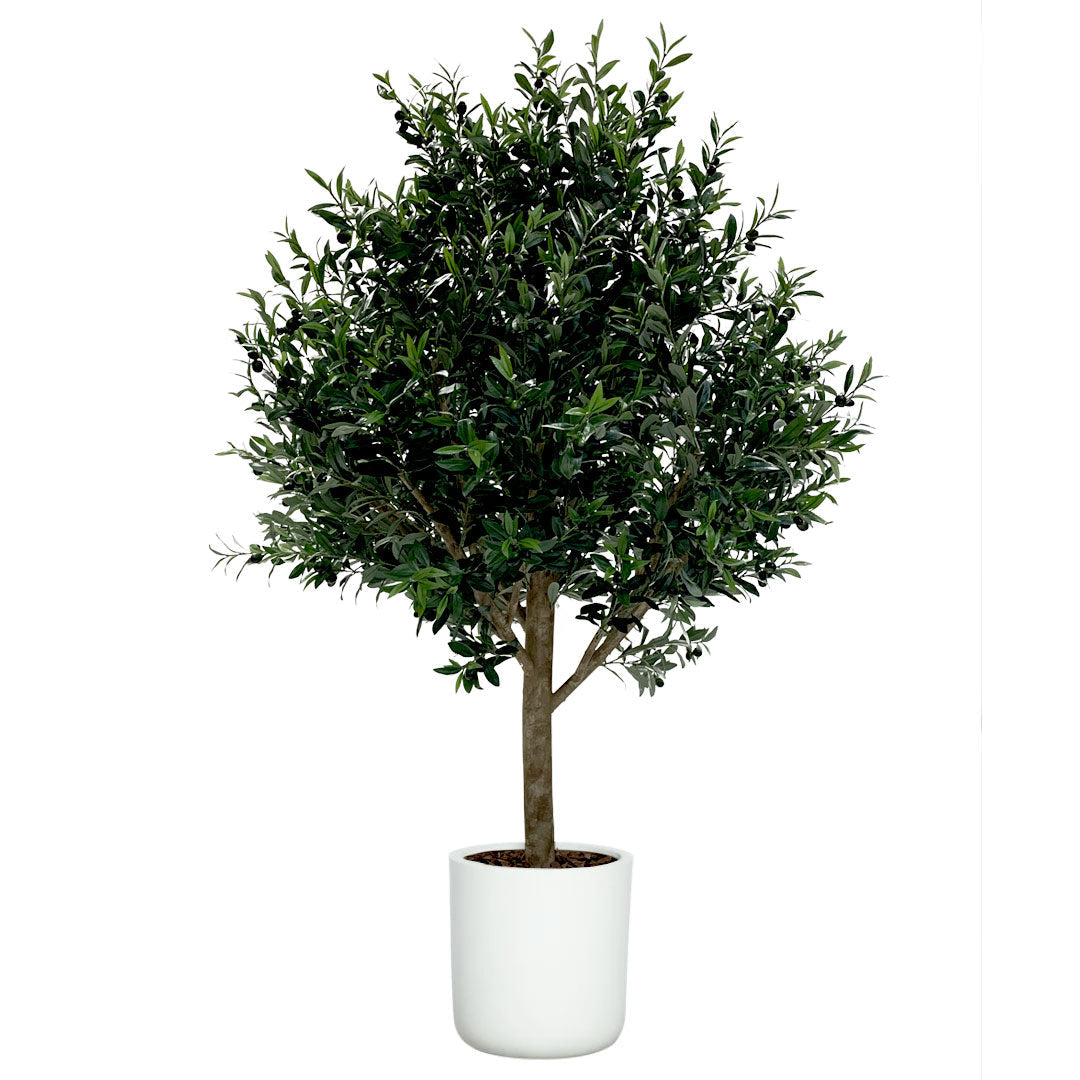 Artificial olive tree with dense green foliage in a simple white cylindrical pot