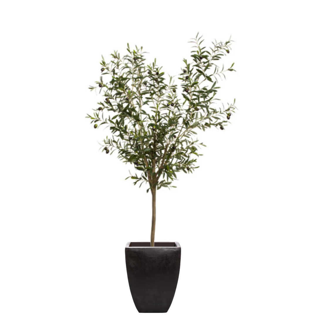 Artificial olive tree in a modern black planter, realistic silk greenery decor