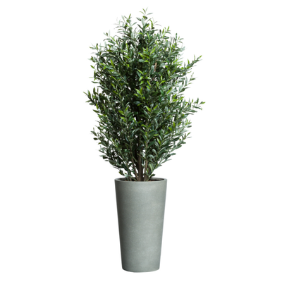 Artificial olive tree in tall modern gray planter, realistic green foliage, indoor decor