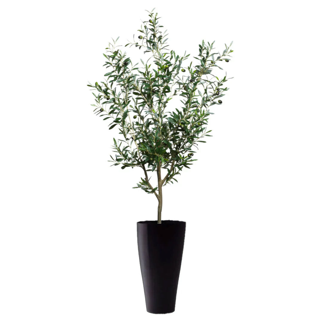 Artificial olive tree with green leaves and black olives in a tall black planter