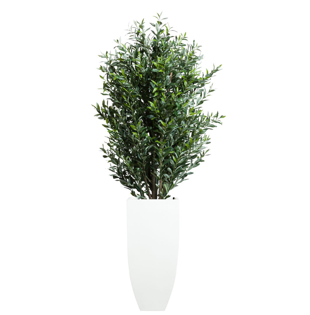 Artificial olive tree in a tall white planter, realistic greenery for indoor decor