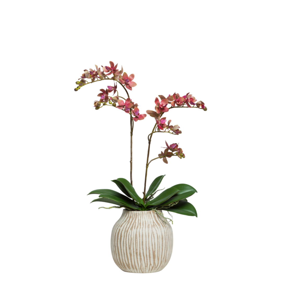 Artificial pink Phalaenopsis orchid in textured ceramic pot, realistic faux plant decor