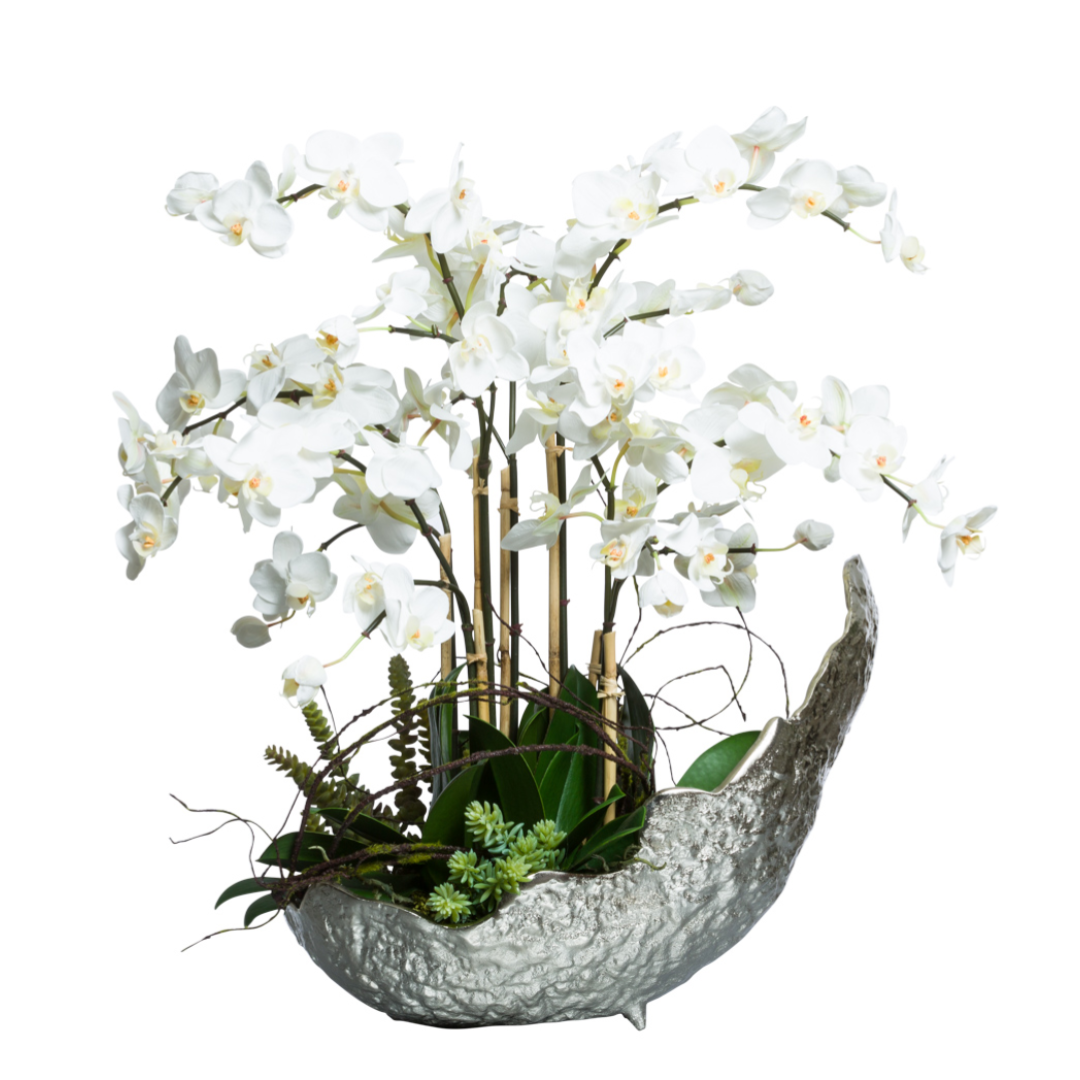 White phalaenopsis orchids in a textured silver bowl with greenery and succulents