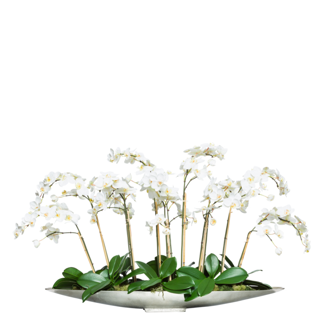 Artificial white phalaenopsis orchids in a modern silver oval planter