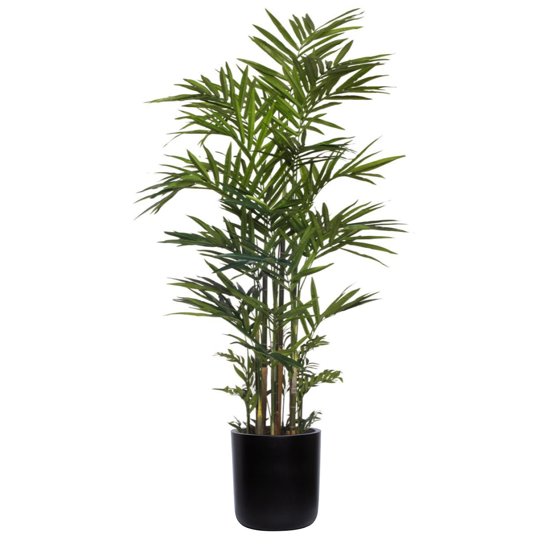 Artificial palm plant in a sleek black pot with realistic green fronds