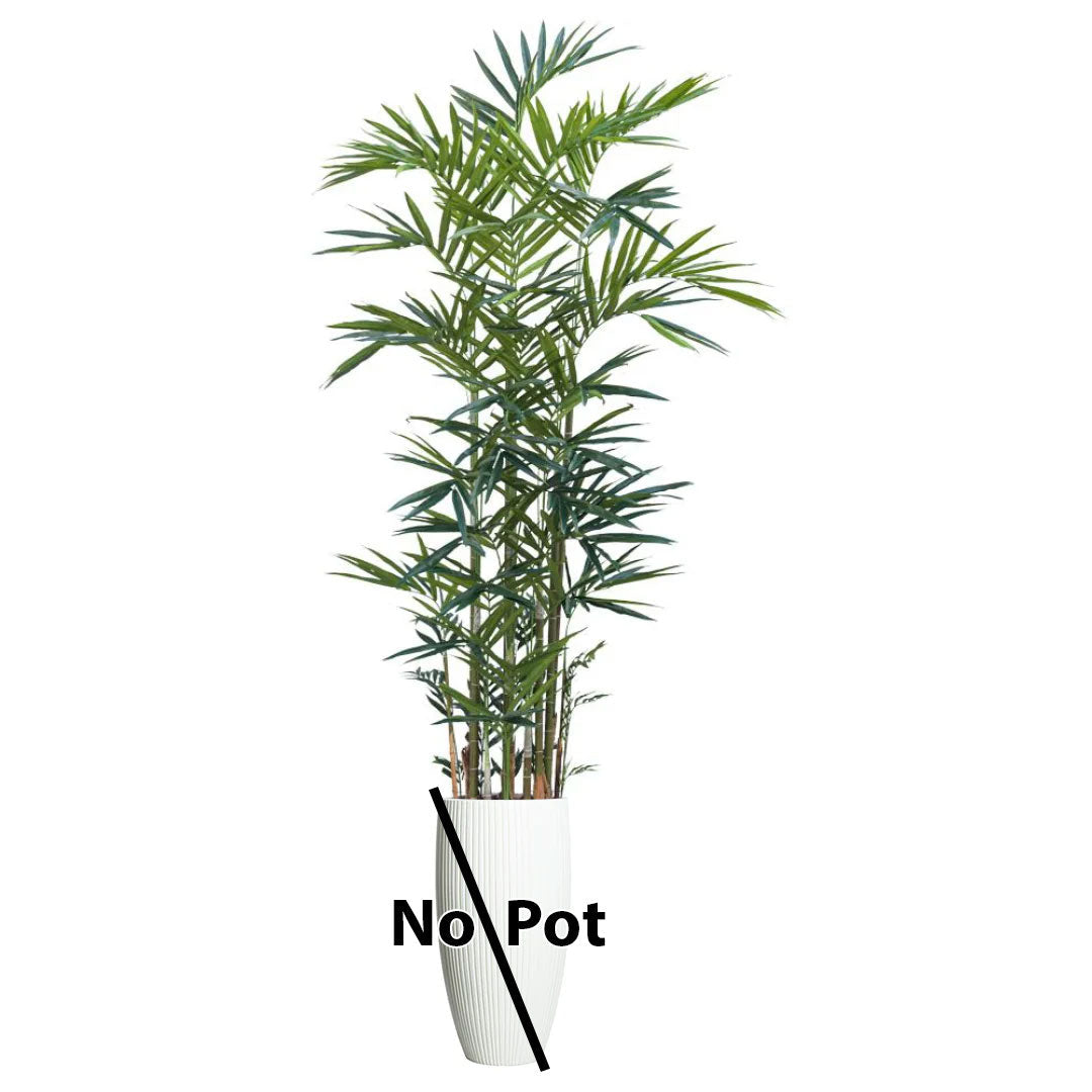 Realistic artificial palm plant with green fronds, labeled no pot, isolated on white