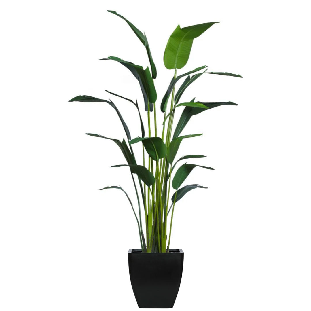 Artificial palm plant with tall green leaves in a modern black square pot, isolated on white.