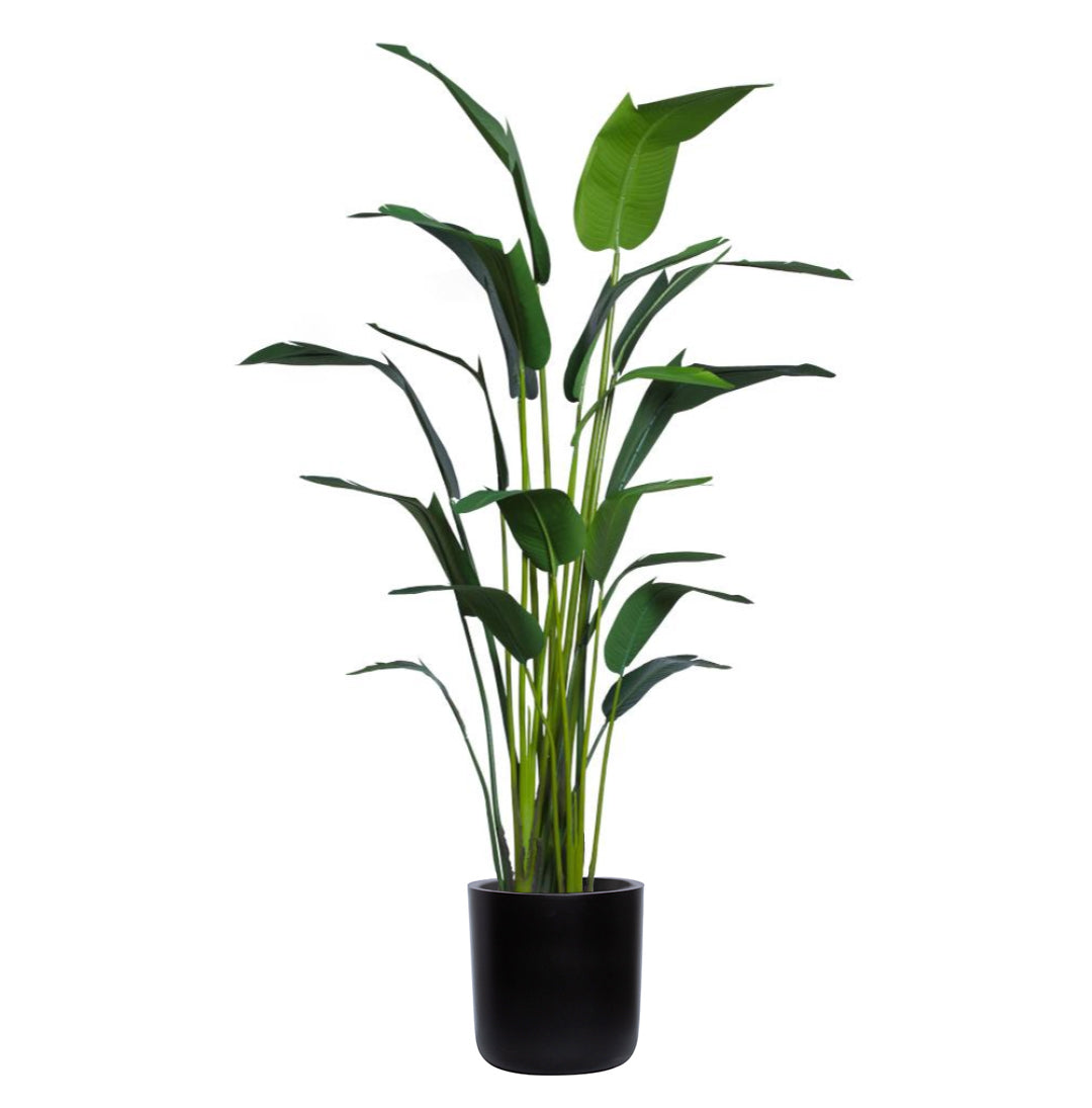 Artificial potted palm plant with long green leaves in a black planter on white background