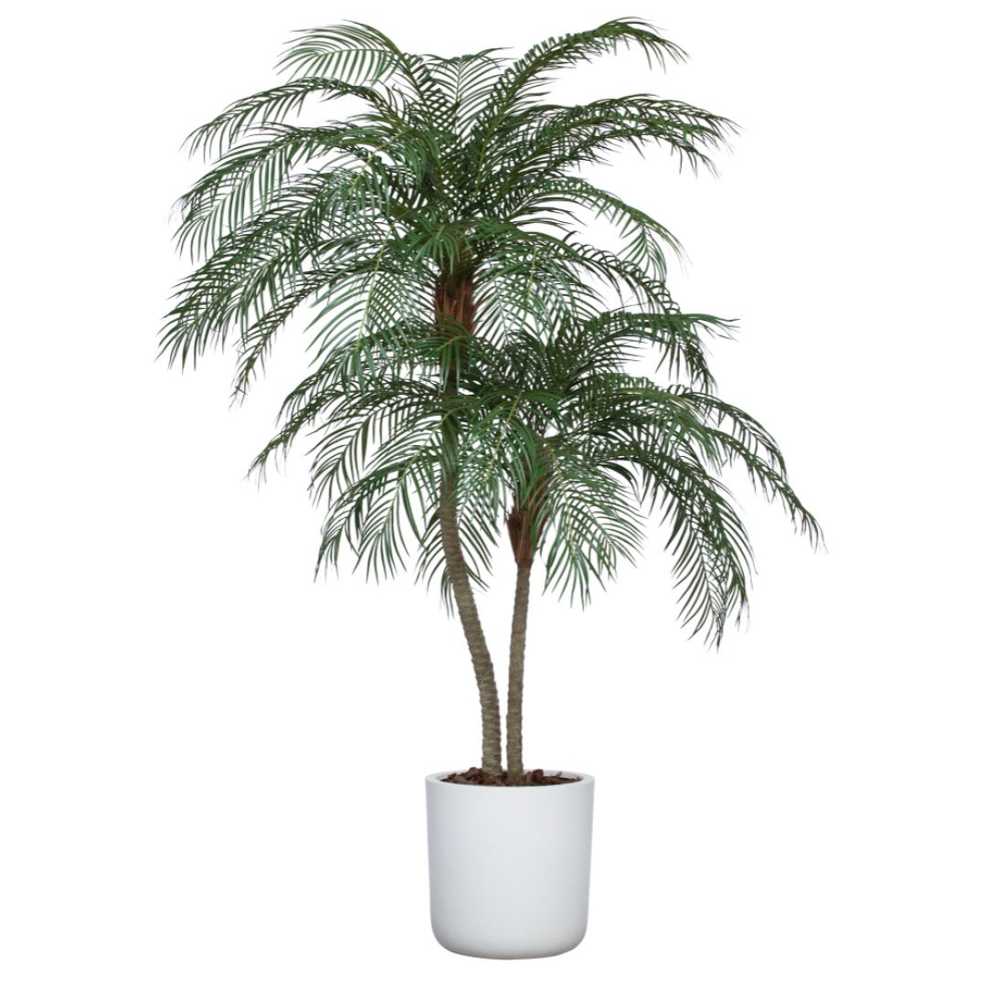 Artificial palm tree in white pot with realistic green fronds, indoor decorative plant