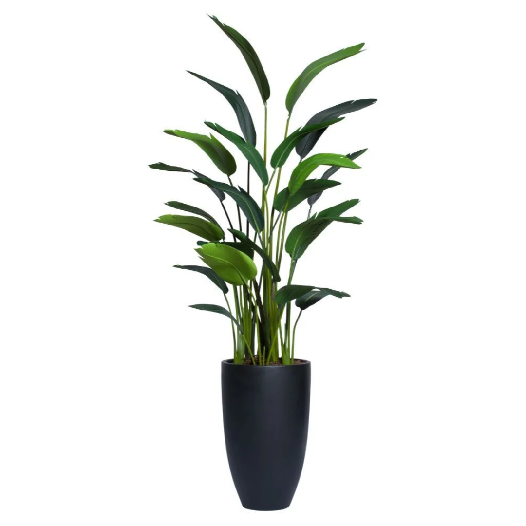 Tall artificial palm plant with green leaves in a sleek black planter