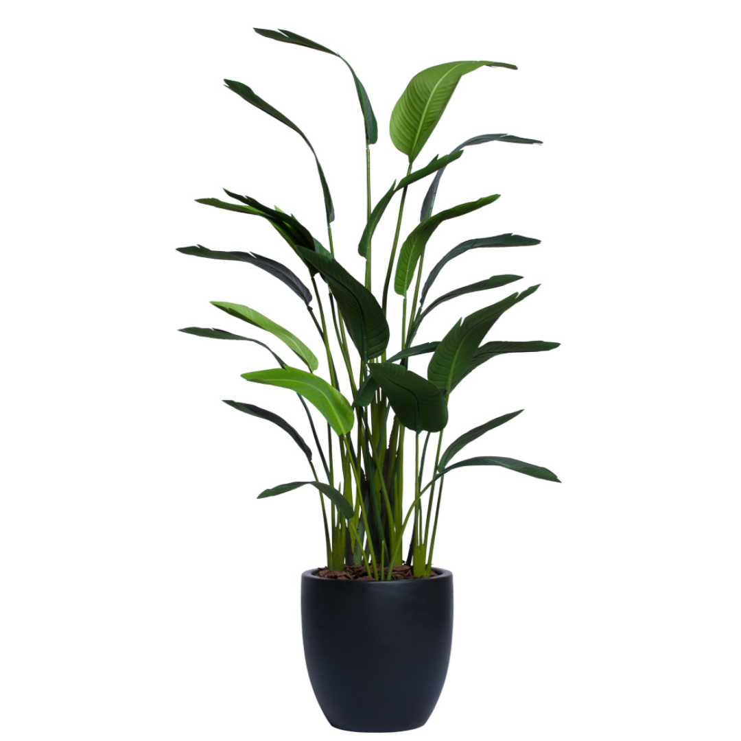 Artificial palm plant in a modern black pot with lush green leaves, isolated on white background