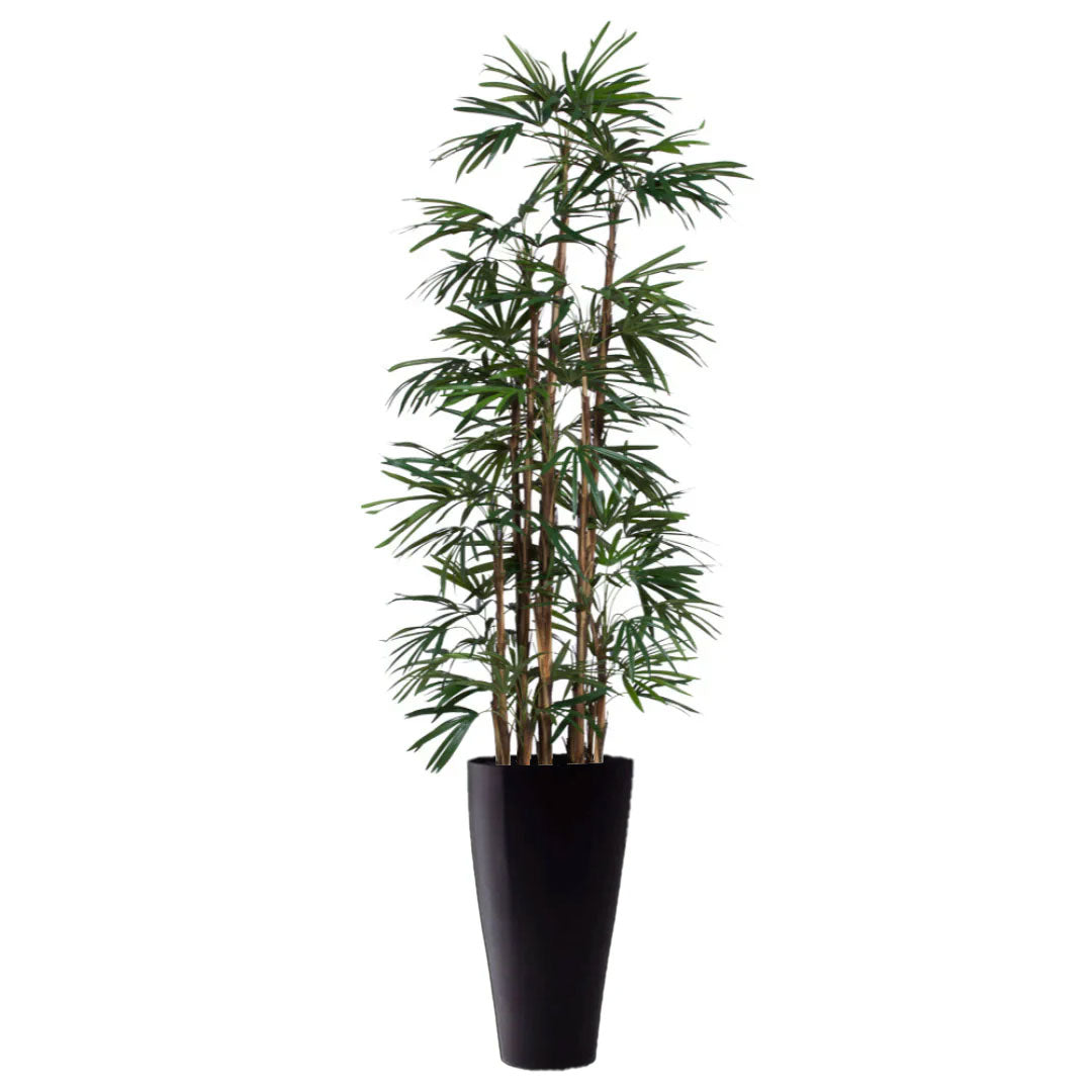 Artificial lady finger palm plant with slender green leaves in a tall black planter