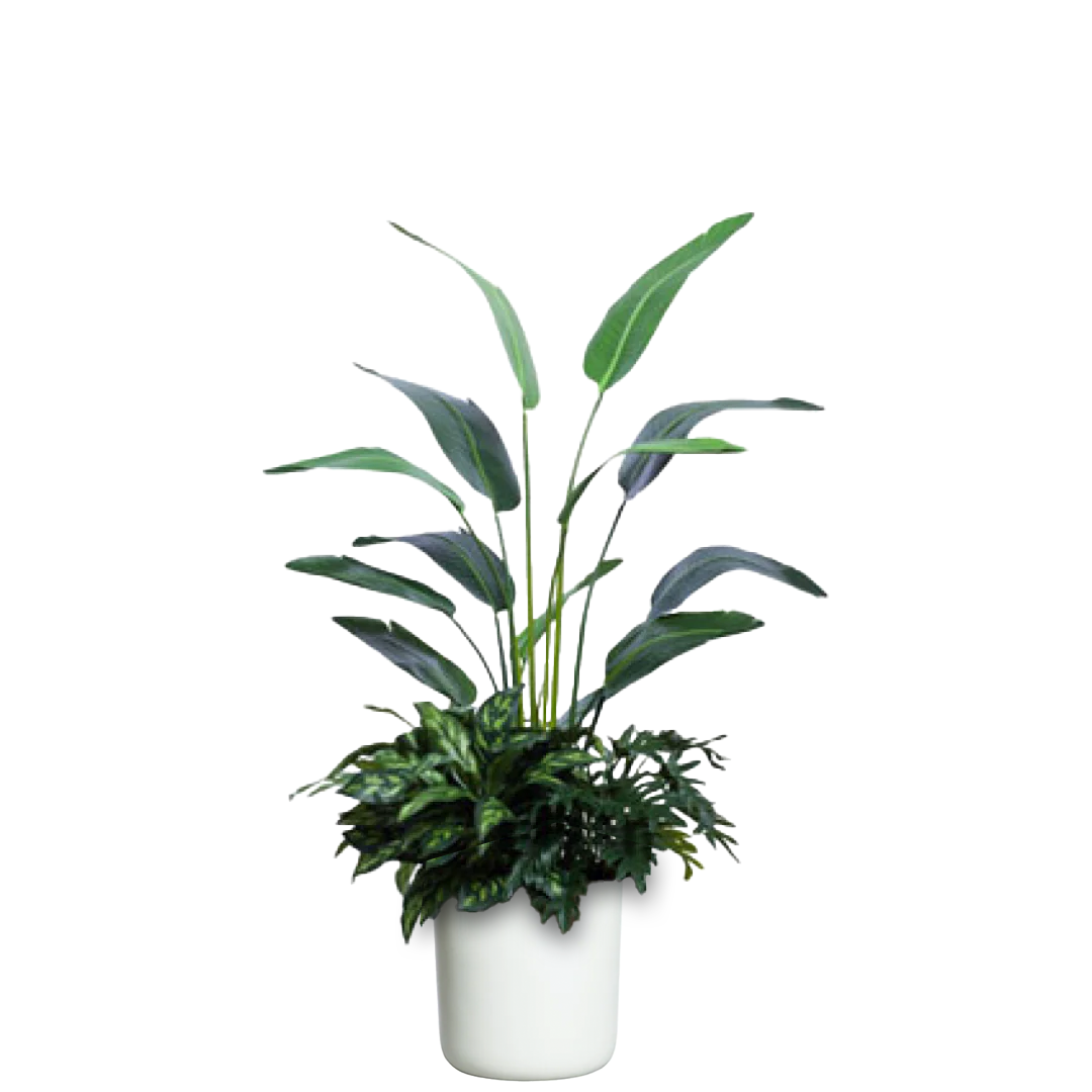 Artificial tropical palm mix arrangement in a white cylinder planter