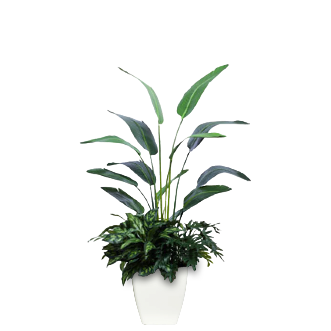 Artificial palm and fern arrangement in a white planter, realistic faux greenery