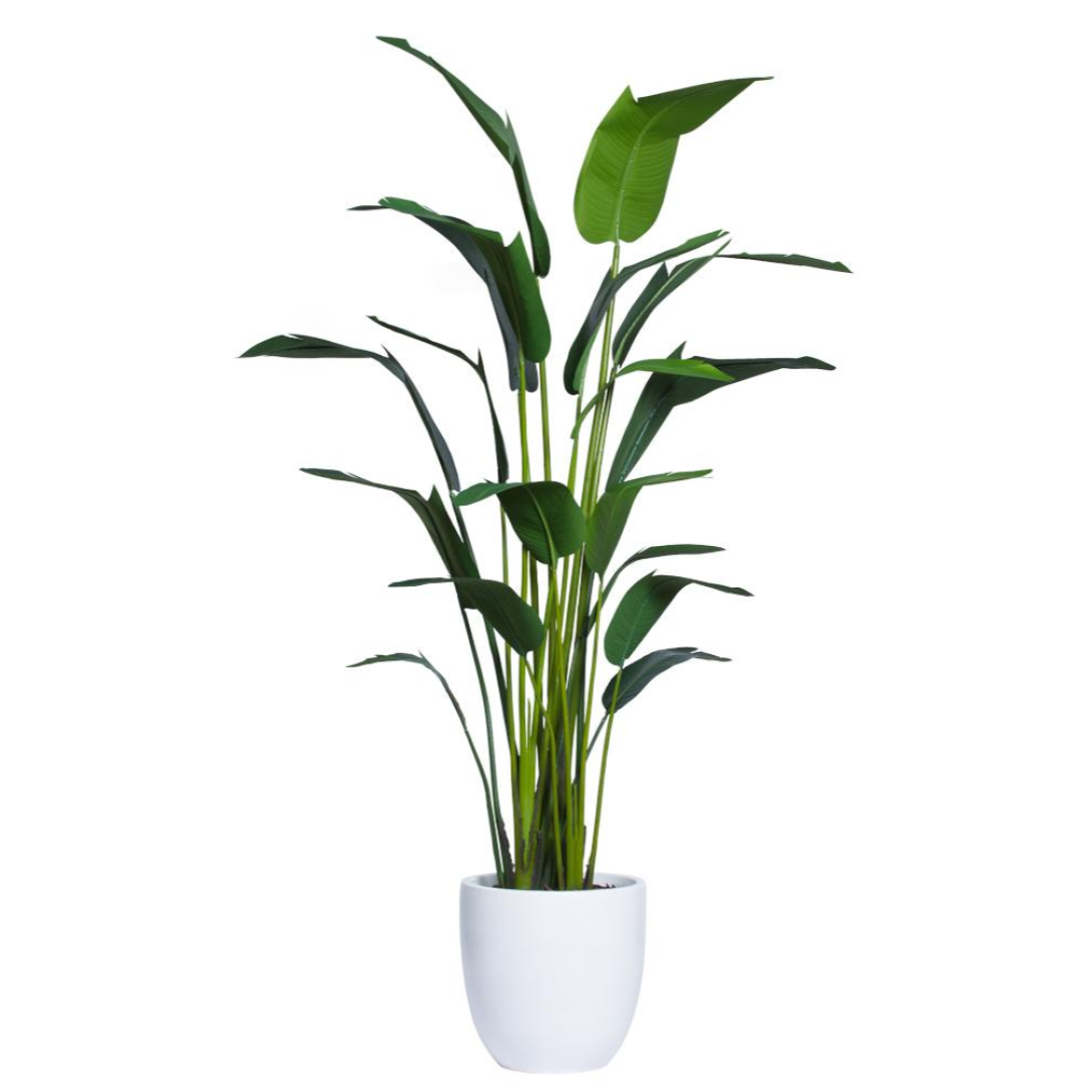 Artificial palm plant with tall green leaves in a modern white pot, isolated on white background