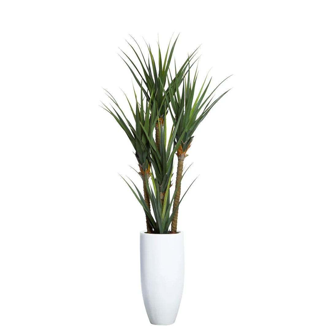 Artificial pandanus plant with green spiky leaves in a tall white planter