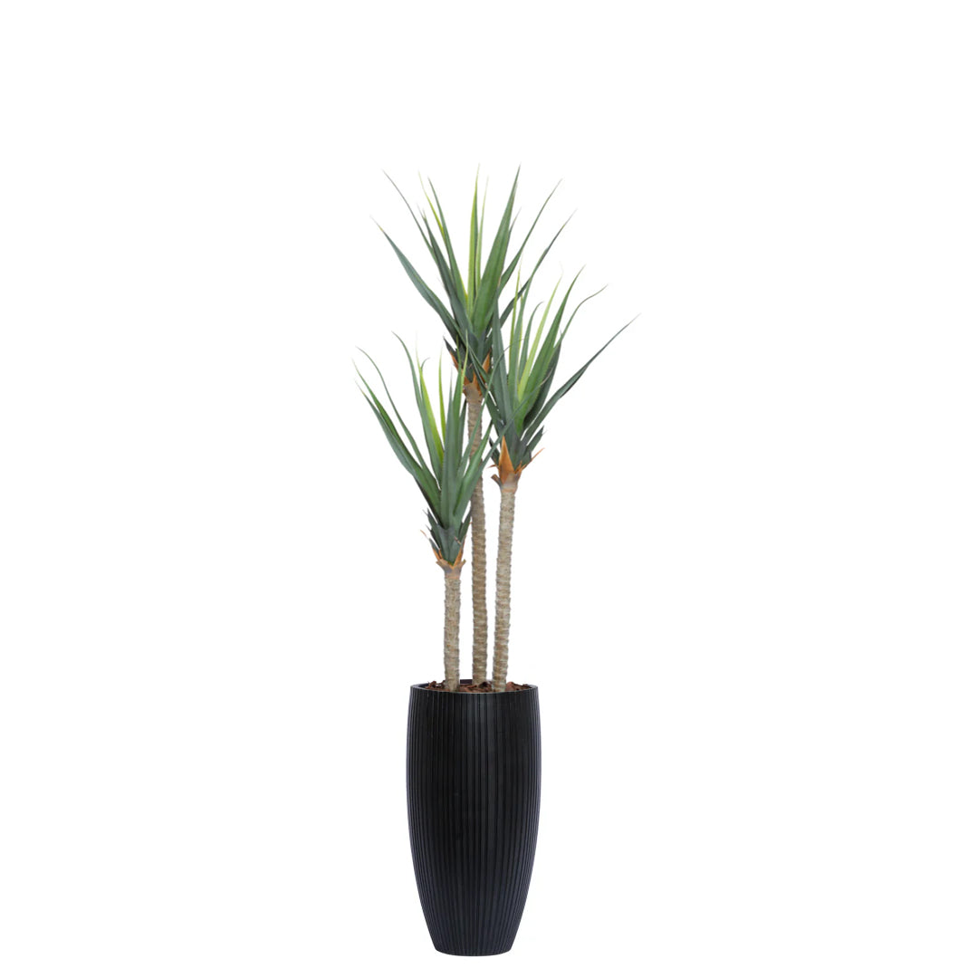Artificial pandanus plant in tall black ribbed planter with green spiky leaves