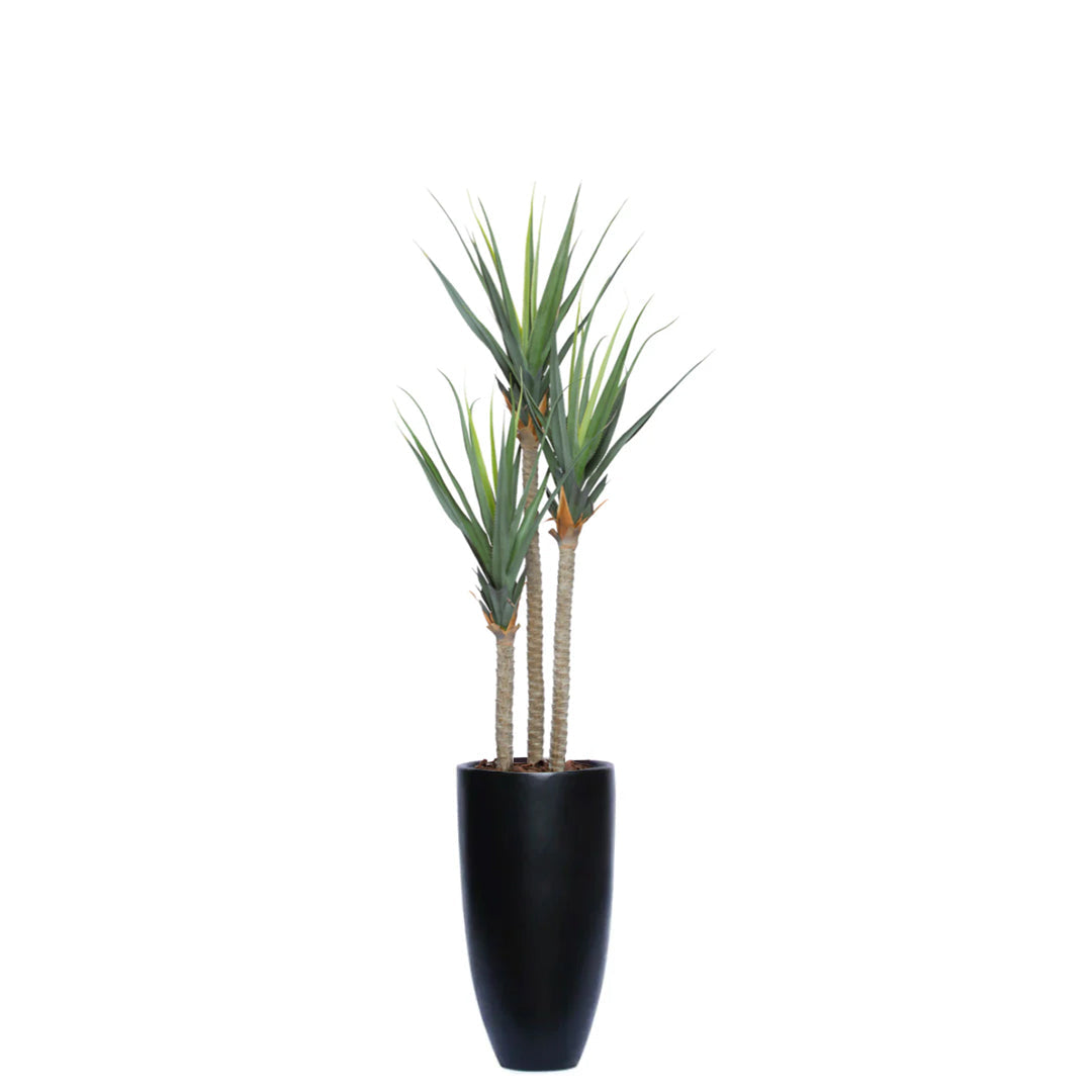 Artificial pandanus plant with tall green leaves in a modern black planter