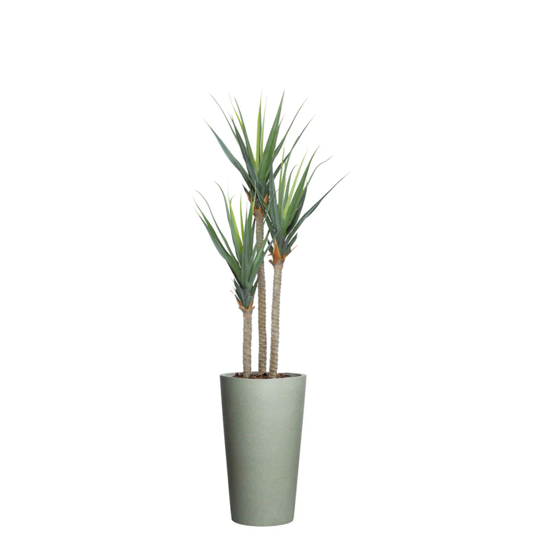 Artificial pandanus plant with tall green leaves in a modern grey pot