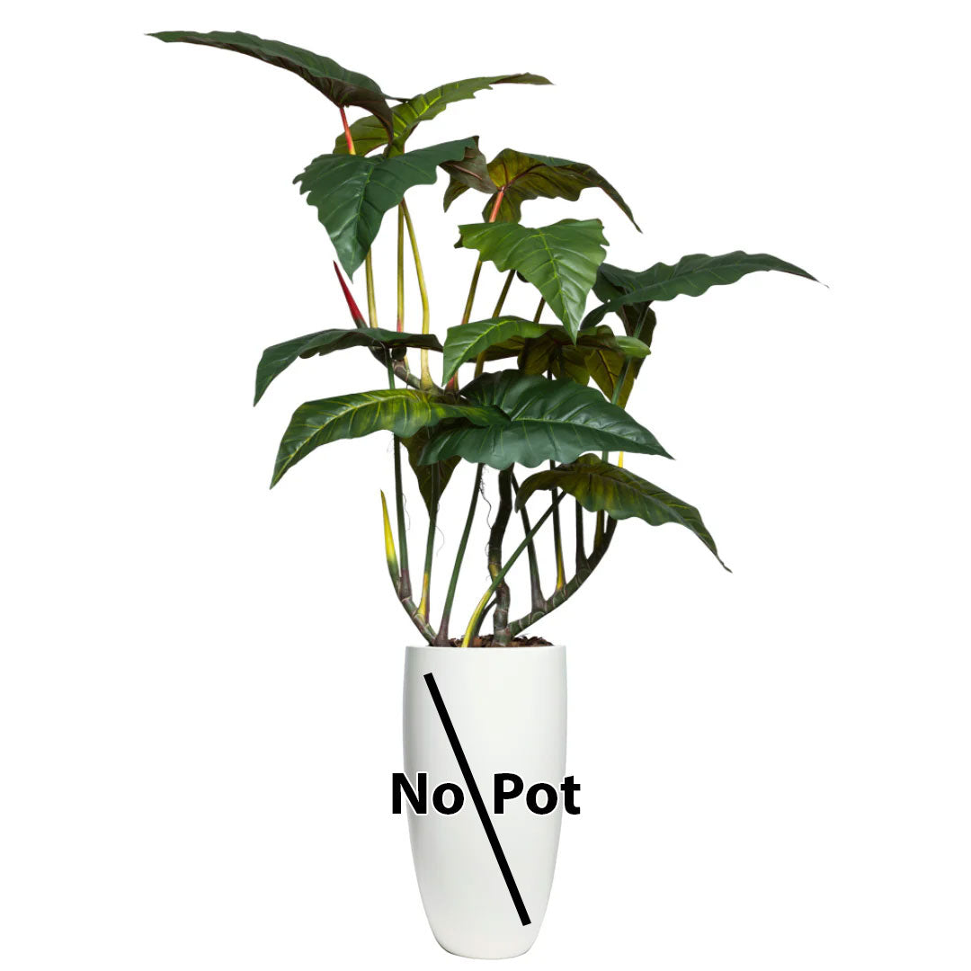 Artificial giant philodendron plant with large green leaves, no pot included, on white background.