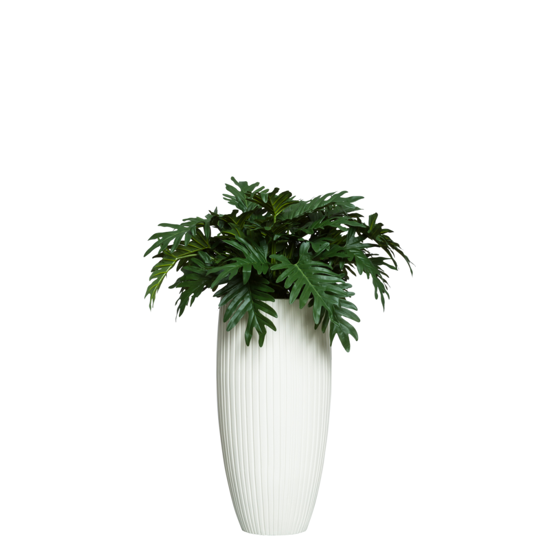 Artificial Philodendron Selloum plant in tall white textured planter