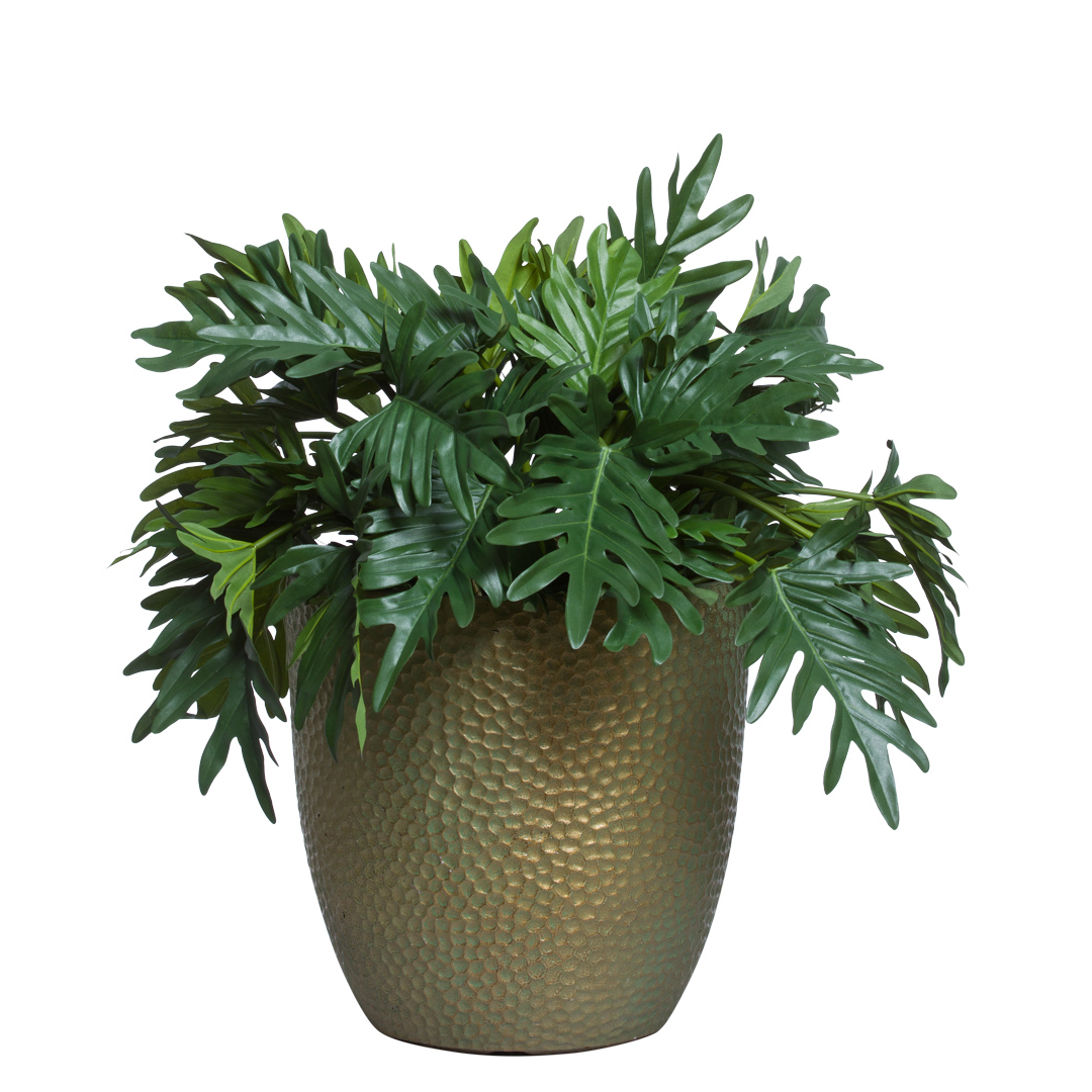 Artificial philodendron selloum plant in textured gold pot, realistic green foliage