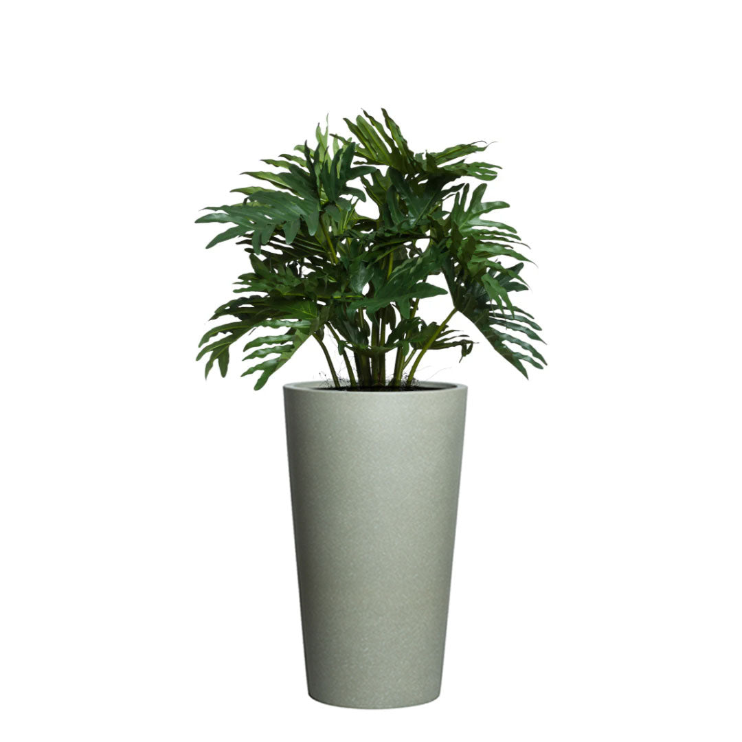Artificial Philodendron Selloum in tall greystone planter, realistic decorative plant
