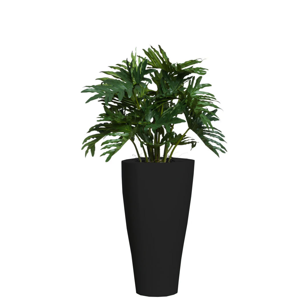 Artificial philodendron selloum in tall black planter, realistic green foliage