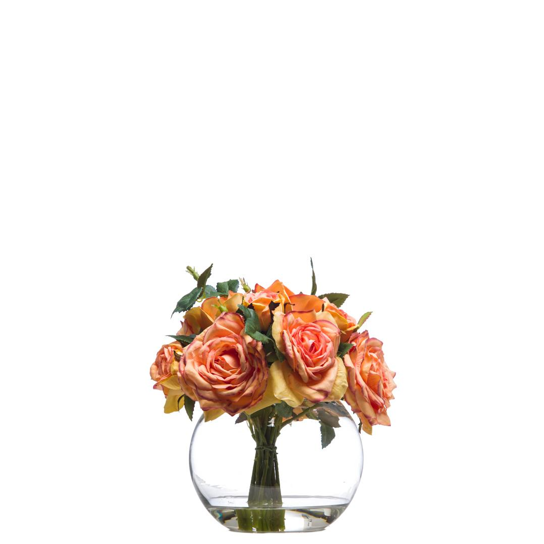 Realistic artificial orange roses arrangement in clear glass bowl vase
