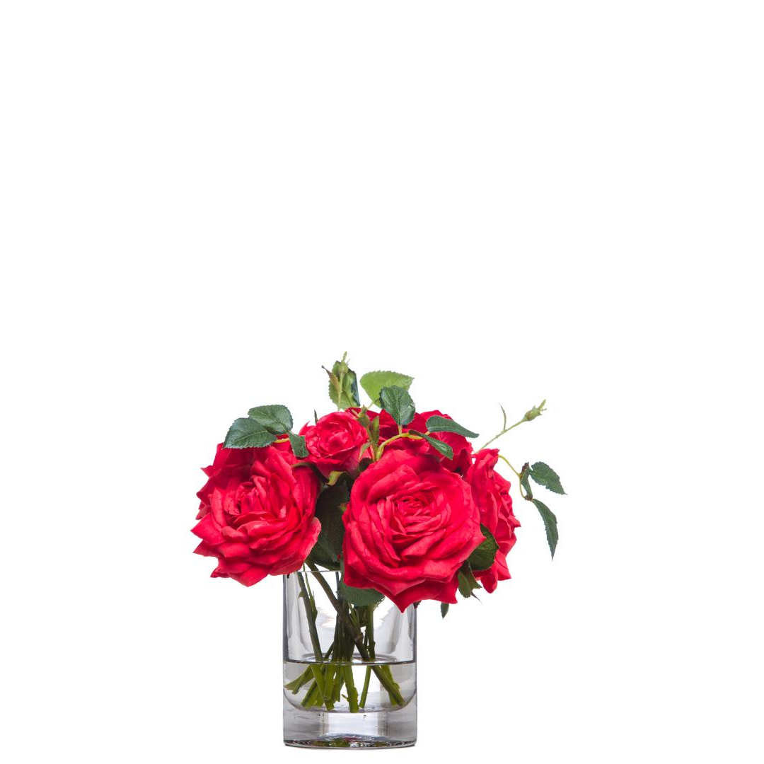 Realistic artificial red roses in a clear glass vase, perfect home decor accent