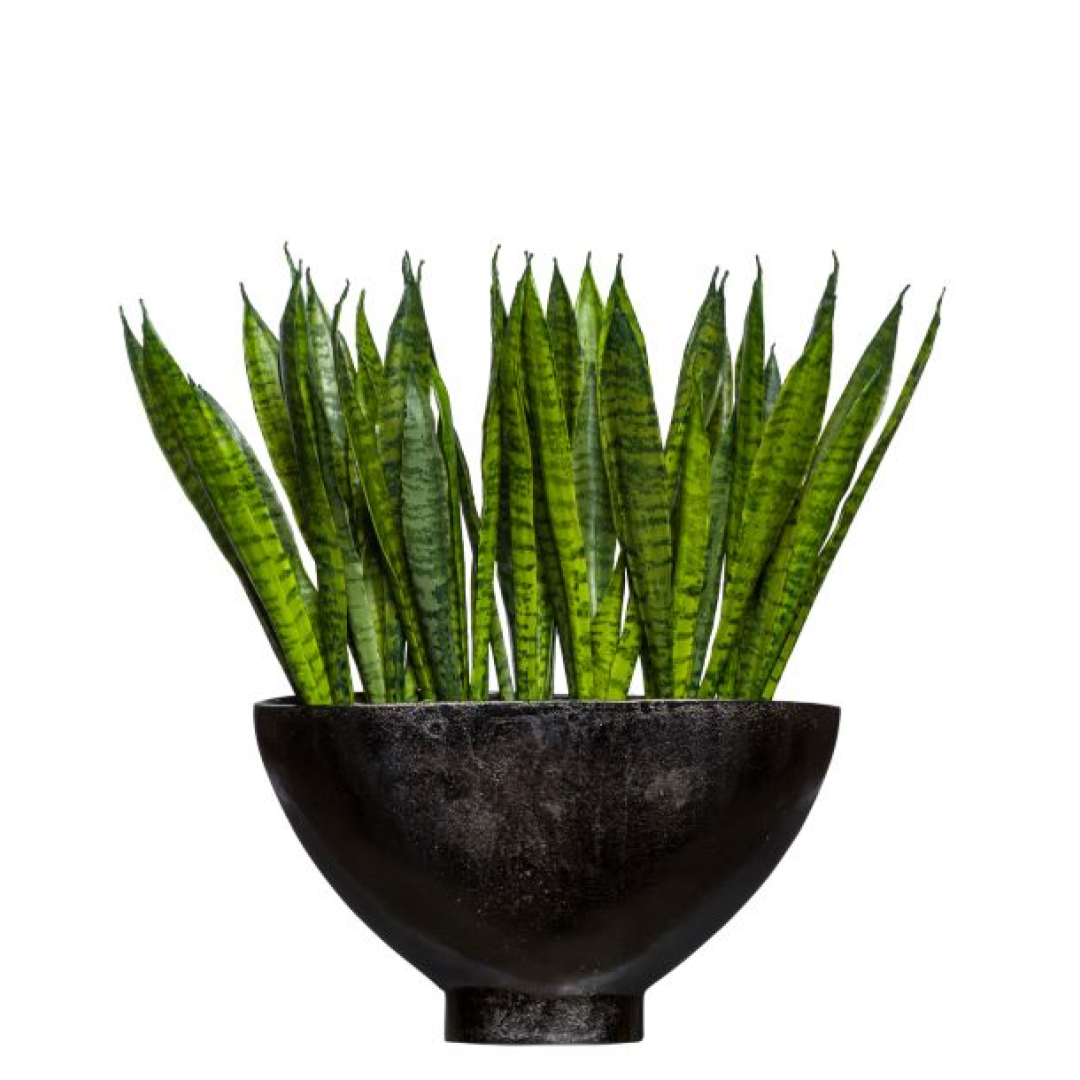 Artificial sansevieria plant with green leaves in a modern black bowl planter