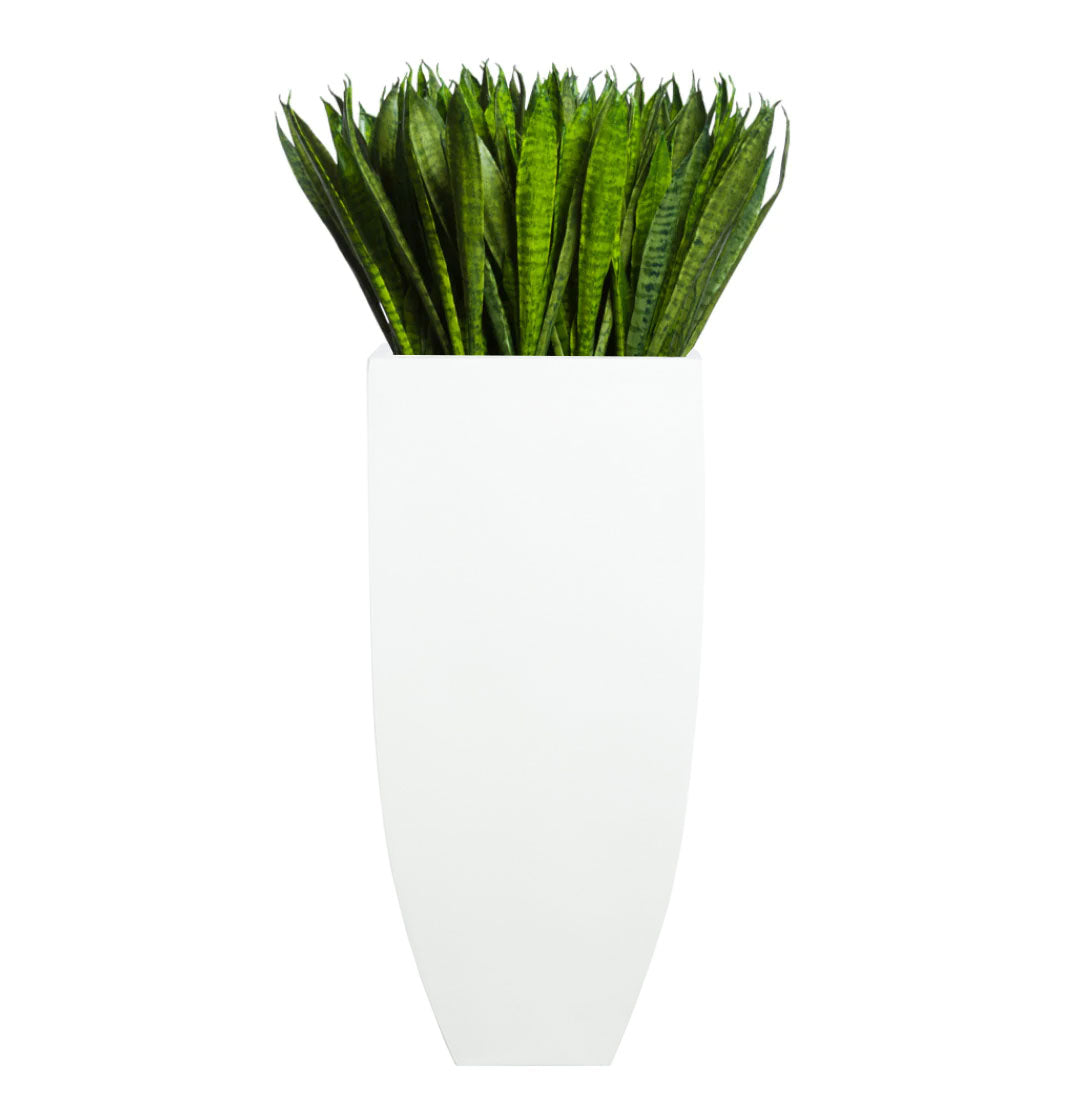 Sansevieria artificial plant in tall modern white planter against white background